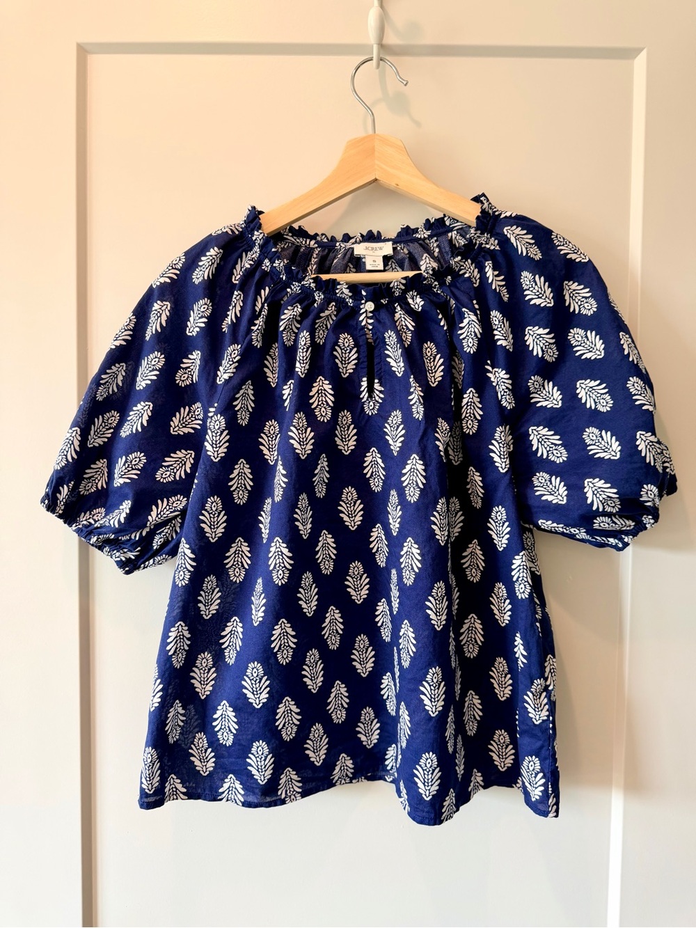 J.Crew Navy & White Block Print 100% Cotton Peasant Top – Size Small